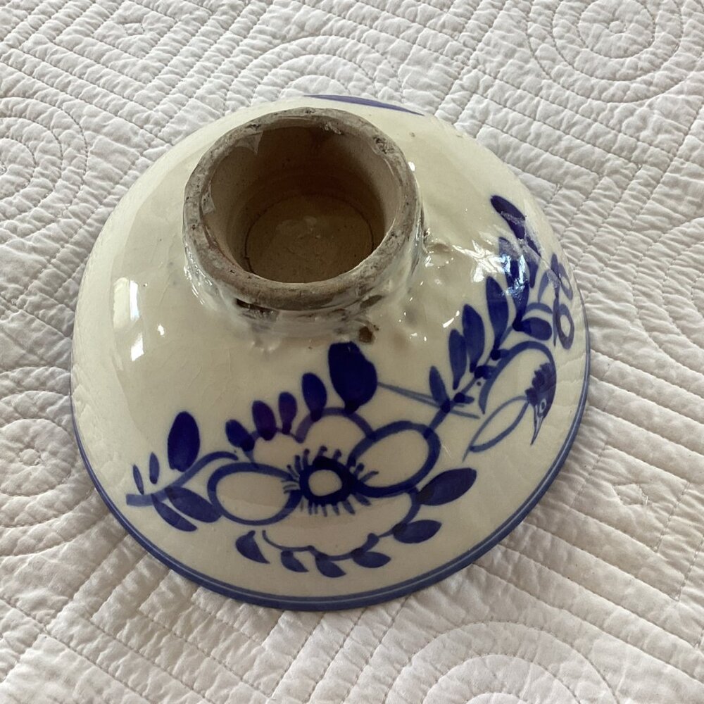 Vintage Hand-Painted Ceramic Bowl With Blue Floral Design